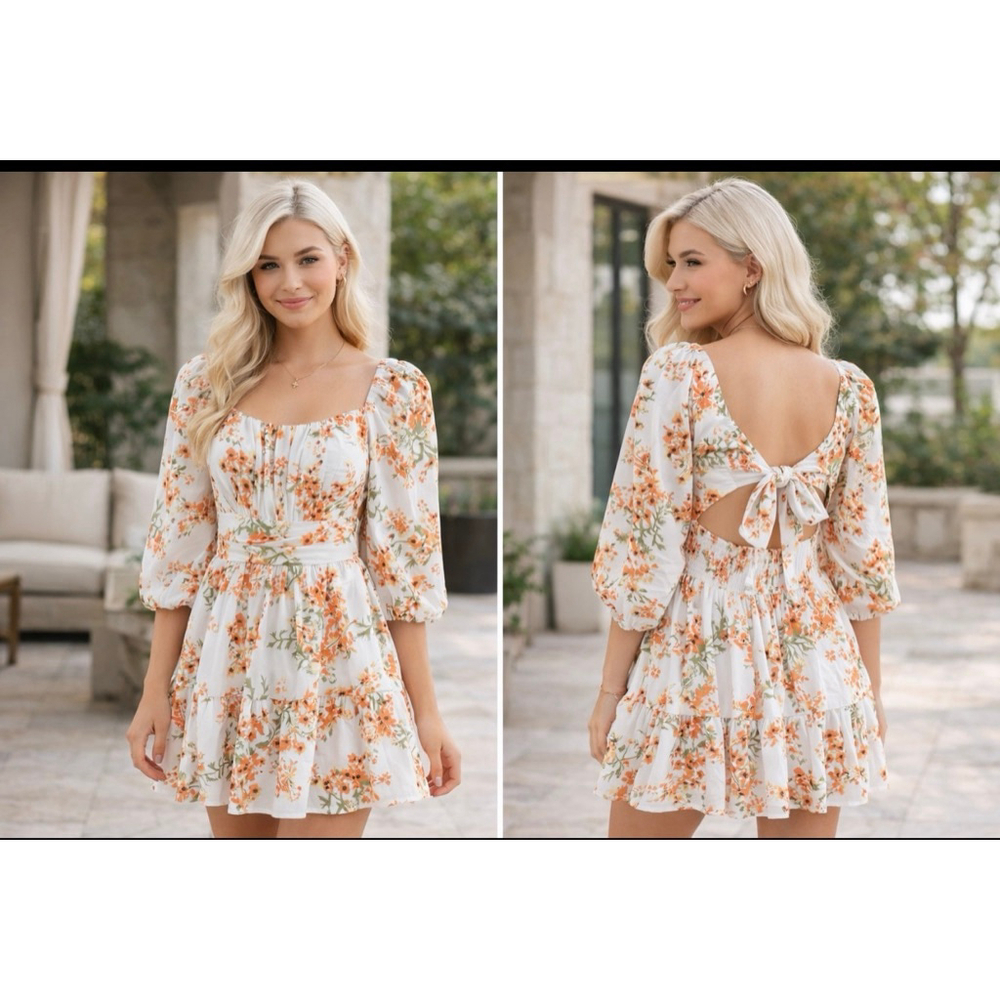 Women's Unbranded White Orange Floral Mini Dress L